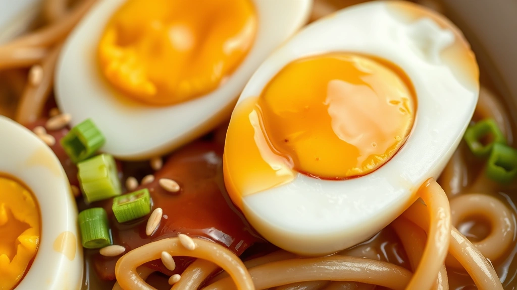 detail: close-up of soft-boiled egg halves on ramen noodles with creamy jammy yolk, sesame seeds, green onions, photorealistic, natural light, no text