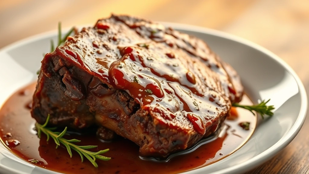hero: perfectly cooked beef short ribs glistening with sauce on a white ceramic plate, garnished with fresh rosemary sprigs, warm golden lighting from the side, shallow depth of field, no text or watermarks