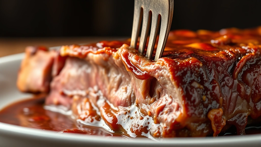 detail: close-up of a single beef rib showing the tender meat pulling away from the bone with a fork, rich braising sauce coating the surface, shallow depth of field, warm studio lighting, appetizing composition, no text