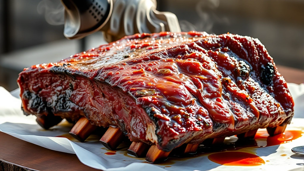 hero: succulent beef short ribs with caramelized glaze and smoky bark, glistening under natural sunlight, resting on white paper, steam rising, photorealistic, no text