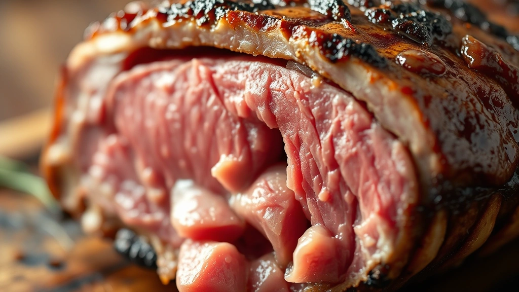 detail: close-up of cooked beef rib cross-section showing pink smoke ring and tender meat falling from bone, shallow depth of field, warm lighting, photorealistic, no text