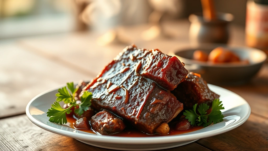 hero: glistening caramelized beef short ribs on a white plate with fresh parsley garnish, shallow depth of field, warm golden hour lighting, steam rising, rustic wooden table background