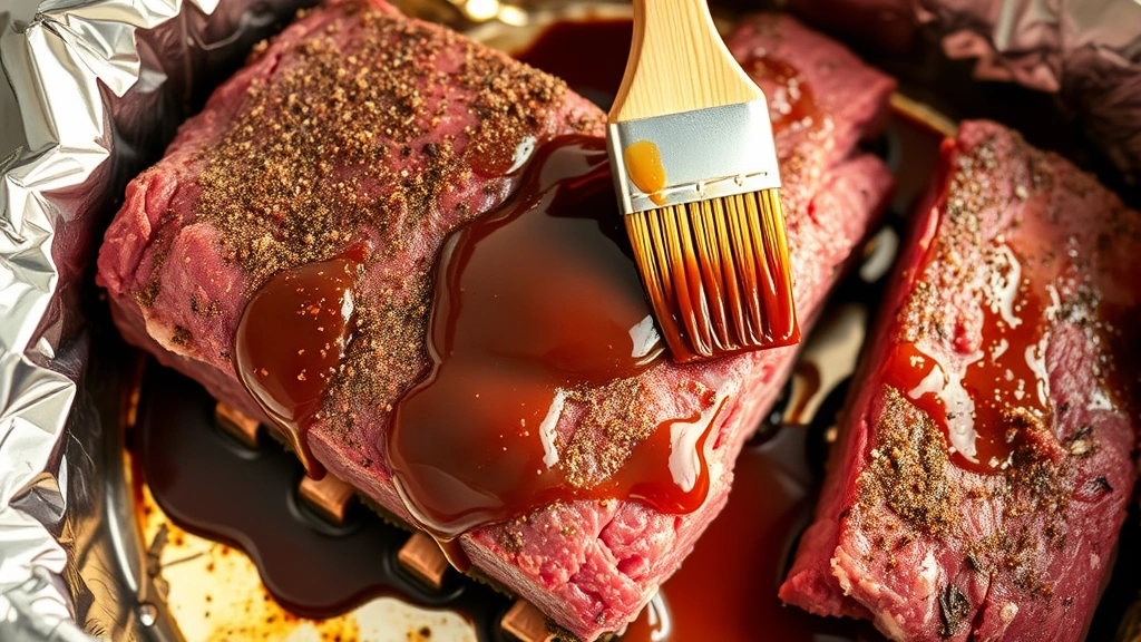 process: raw seasoned beef ribs being brushed with glossy brown glaze in a roasting pan, close-up action shot, overhead angle, warm kitchen lighting, foil-lined pan visible
