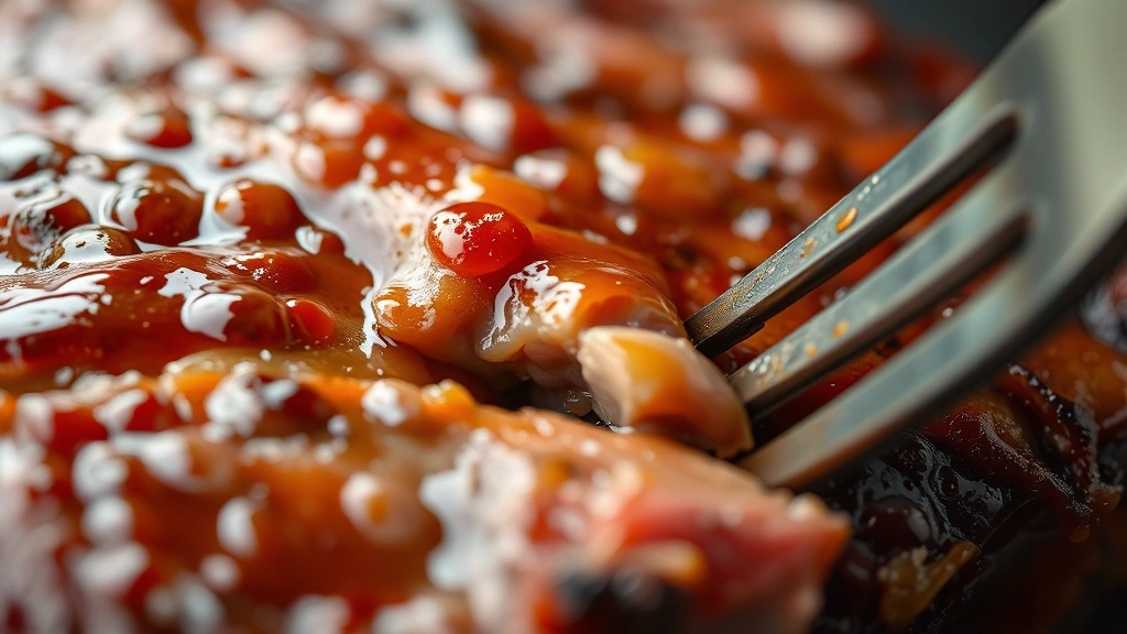 detail: close-up macro shot of fall-off-the-bone beef rib with caramelized glaze coating, showing tender meat texture, droplets of glaze catching light, shallow depth of field, fork pressed into meat