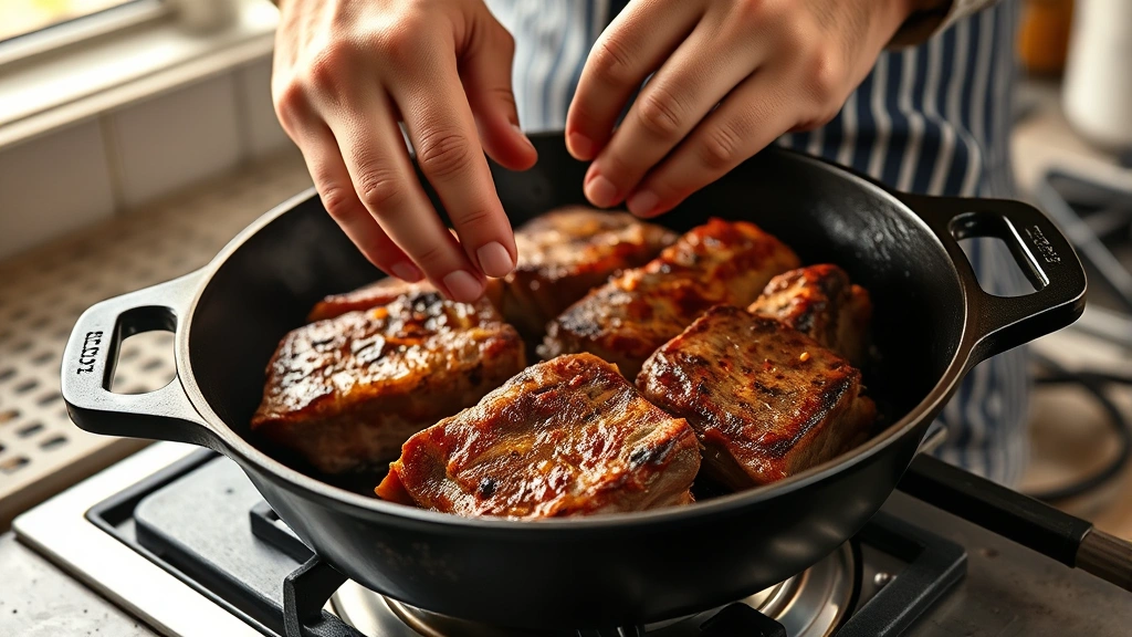 process: hands searing beef short ribs in cast iron skillet with oil, golden brown crust forming, kitchen counter setup, warm natural window light, professional cooking photography, no text or watermarks