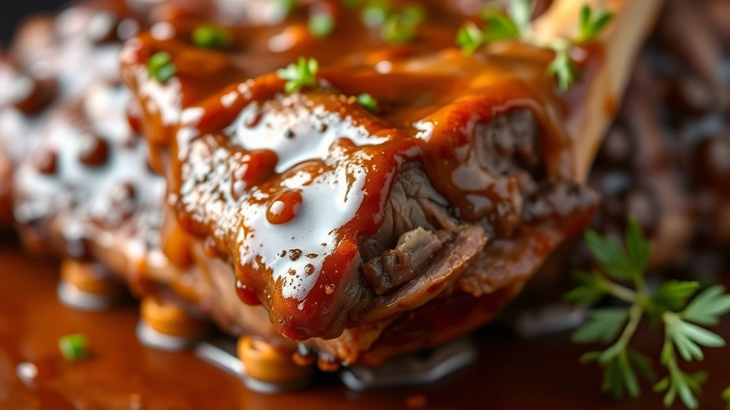 detail: close-up macro shot of fall-off-the-bone beef rib meat pulling away cleanly, glossy rich brown sauce coating, herb garnish, shallow depth of field, warm natural light, food styling, no text or watermarks