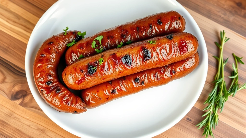 hero: cooked beef sausages on a white plate with fresh herbs, photorealistic, natural window light, no text, overhead angle