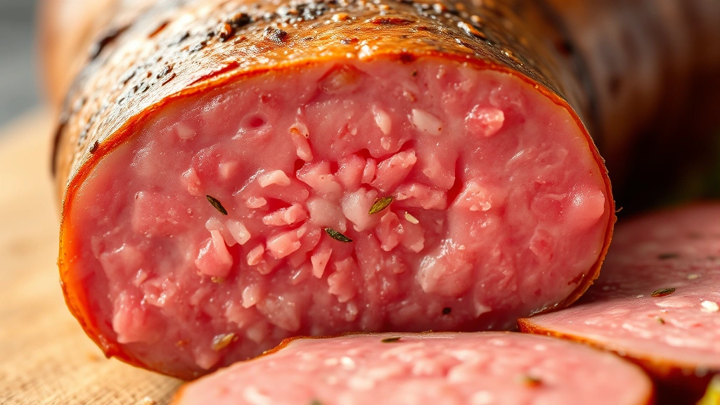 detail: cross-section of sliced beef sausage showing juicy pink interior and seasoning distribution, photorealistic, natural light, no text, macro close-up