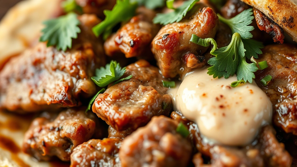detail: close-up macro shot of perfectly cooked beef shawarma showing tender meat texture with crispy caramelized edges, fresh green herbs, and creamy tahini sauce, photorealistic, natural light highlighting spices and moisture, no text