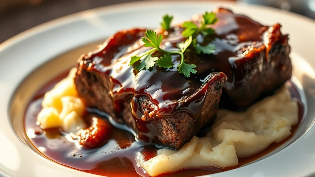 hero: plated beef short ribs with glossy wine reduction sauce, garnished with fresh parsley, on a white ceramic plate with mashed potatoes, golden hour lighting, steam visible, shallow depth of field