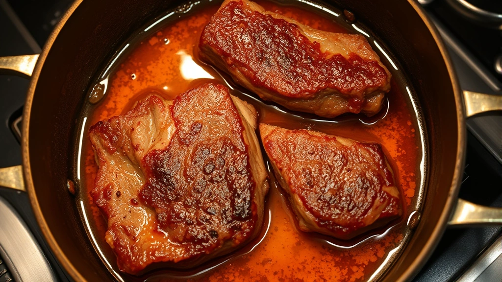 process: beef short ribs being seared in Dutch oven with visible brown crust, oil sizzling, golden color, professional kitchen lighting, overhead angle