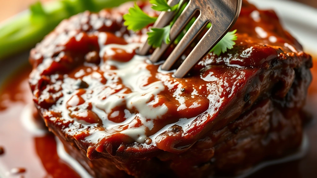 detail: close-up of tender beef short rib with fork easily pulling through the meat, glossy sauce coating, fresh parsley garnish, shallow depth of field, warm professional lighting