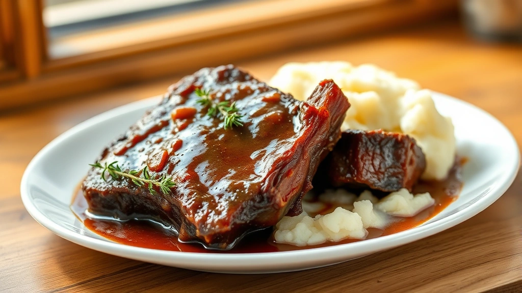 hero: plated beef short ribs glistening with rich brown braising sauce, fresh thyme garnish, served on white plate with mashed potatoes, photorealistic, warm natural window light, no text