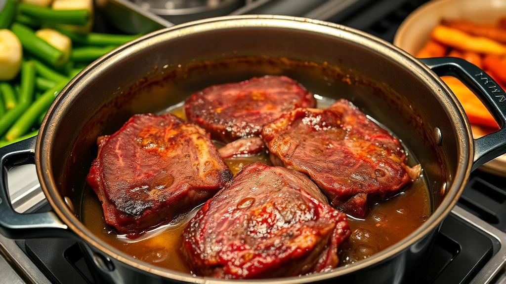 process: searing beef short ribs in Dutch oven creating golden crust, oil sizzling, vegetables in background, photorealistic, kitchen lighting, no text