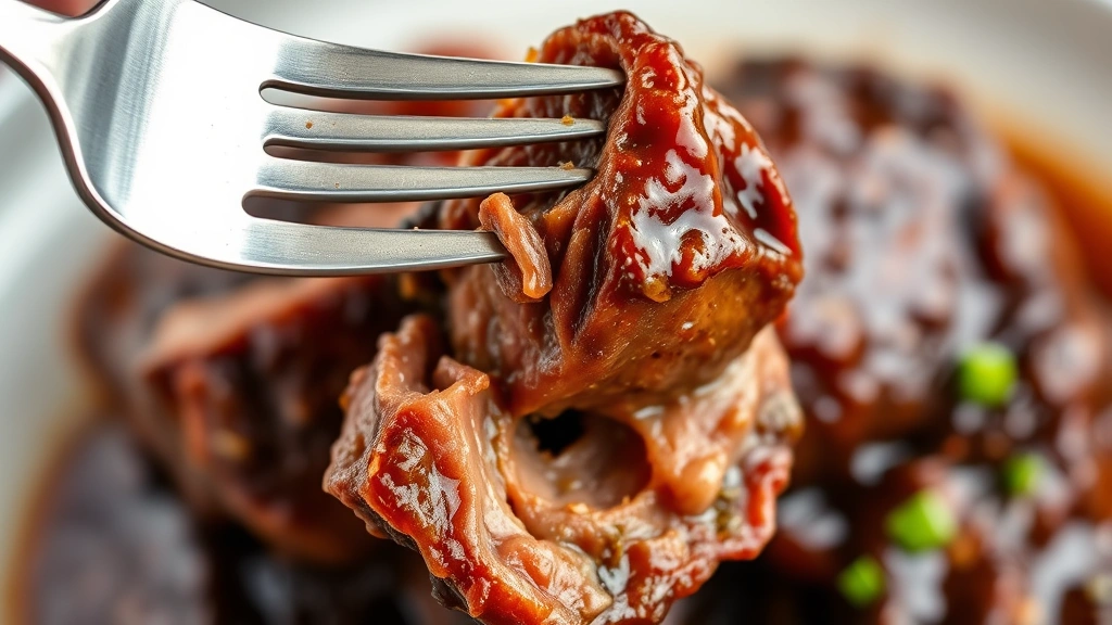 detail: close-up of fork piercing tender beef short rib meat falling off bone, glossy braising sauce coating, photorealistic, macro lighting, no text