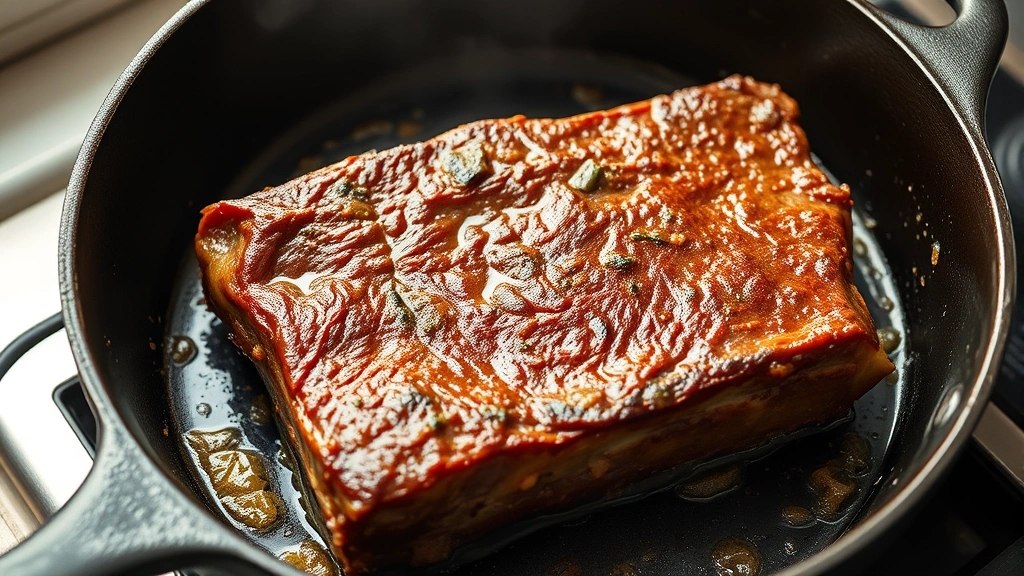 process: beef short ribs browning in a cast iron skillet with golden crust, photorealistic, bright natural lighting from above, no text, showing searing technique