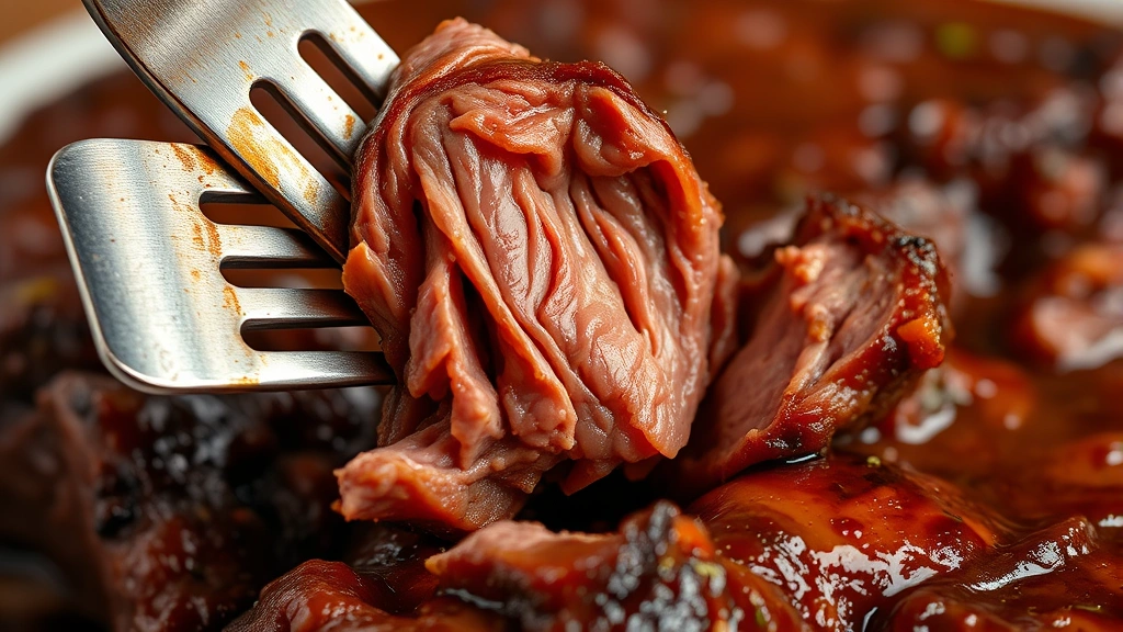 detail: close-up of fork pulling tender beef short rib meat away from bone, showing fall-apart texture, rich sauce coating the meat, photorealistic, natural warm lighting, no text, extreme closeup