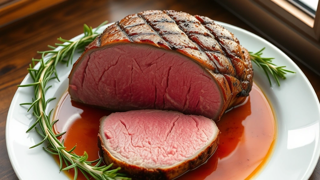 hero: perfectly sliced beef sirloin tip roast showing pink medium-rare center with beautiful golden-brown crust, arranged on white plate with fresh rosemary sprigs and pan sauce, photorealistic, natural window light, top-down angle, no text