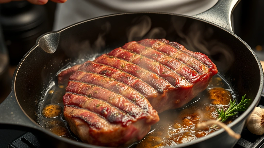 process: chef searing beef roast in cast iron skillet with visible caramelization and steam, fresh garlic and herbs nearby, photorealistic, warm kitchen lighting, no text
