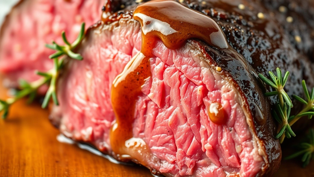 detail: close-up cross-section of sliced beef sirloin showing perfect medium-rare pink center with caramelized brown crust, drizzled with glossy pan sauce and fresh thyme, photorealistic, macro photography, bright natural light, no text