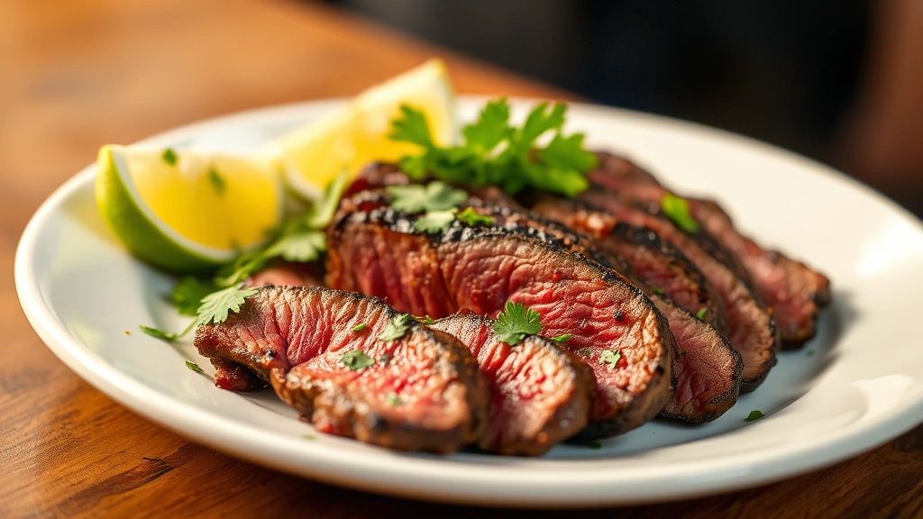 hero: beautifully seared beef skirt steak sliced against the grain on a white plate, garnished with fresh cilantro and lime wedges, warm golden lighting, shallow depth of field, no text