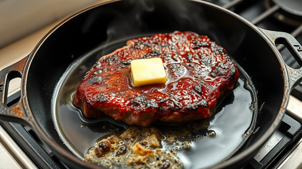 process: sizzling beef skirt steak in a cast iron skillet with melting butter, steam rising, high heat sear, natural kitchen lighting, no text