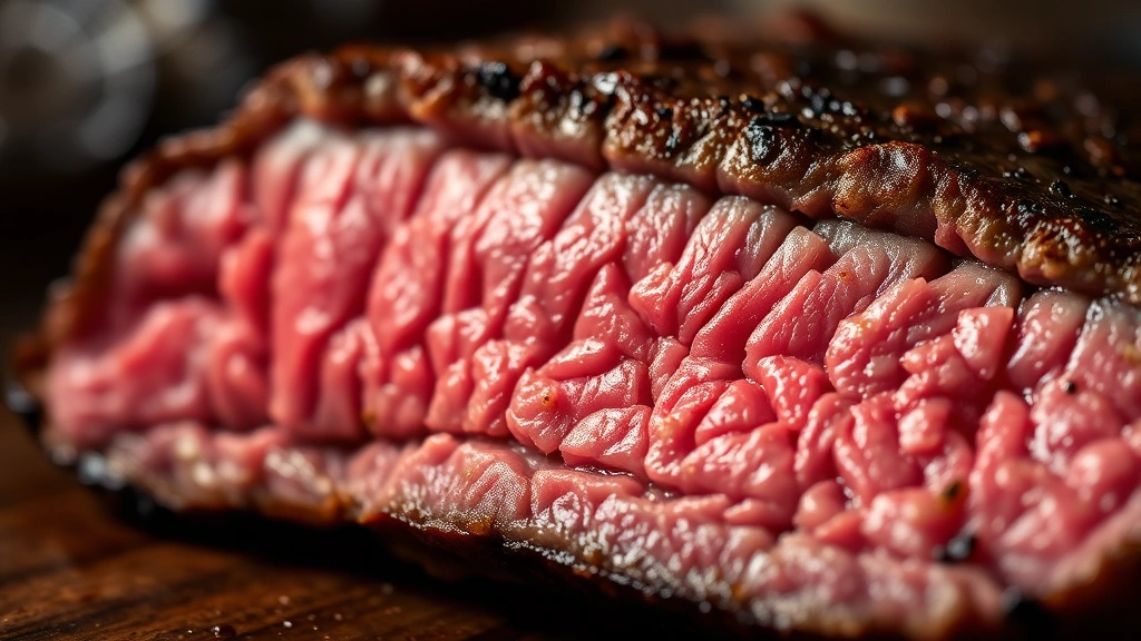 detail: close-up macro shot of perfectly cooked medium-rare beef skirt steak cross-section showing pink center and caramelized crust, dramatic lighting, no text