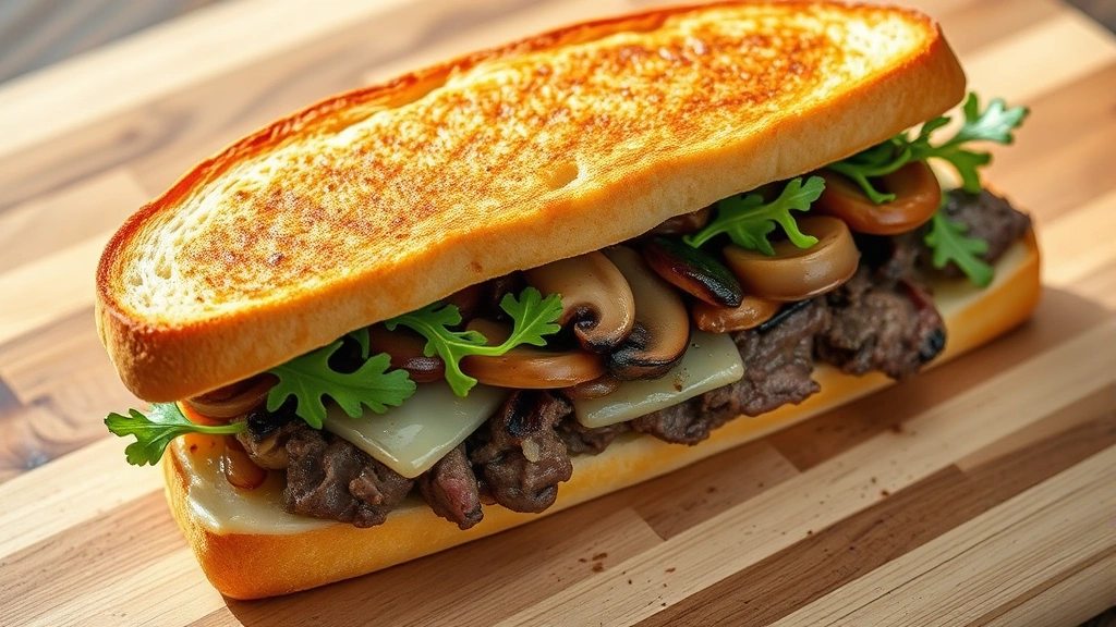 hero: completed beef steak sandwich cut diagonally, golden toasted bread, melted cheese visible, caramelized onions and mushrooms, fresh arugula, natural sunlight, wooden cutting board background, photorealistic, no text