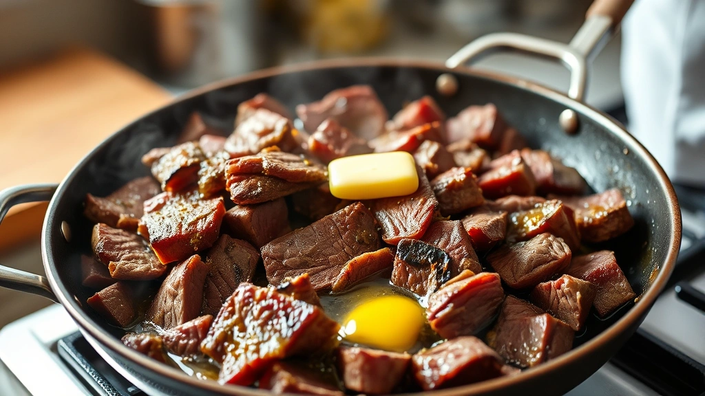 process: sliced beef cooking in skillet with butter, golden brown meat, steam rising, professional kitchen setting, photorealistic, natural light, no text