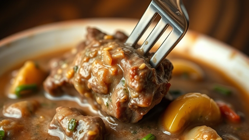detail: close-up of fork piercing through tender beef piece in creamy brown gravy, vegetables visible, shallow depth of field, photorealistic, warm natural lighting, no text