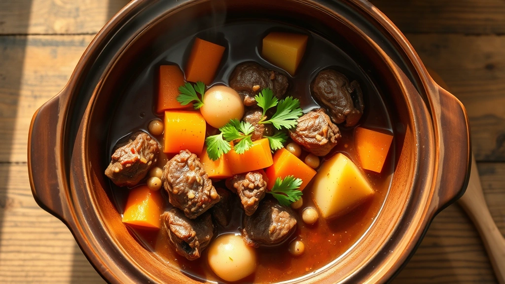 hero: A beautiful bowl of crockpot beef stew with tender chunks of beef, colorful carrots, potatoes, mushrooms, and pearl onions in a rich brown sauce, garnished with fresh parsley, photographed from above with natural window light, no text, steaming hot, rustic wooden table