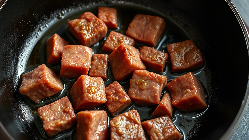 process: Close-up of searing beef cubes in a cast iron skillet with a golden crust forming, oil sizzling, natural overhead lighting, dark background, no text, showing the Maillard reaction and browning technique