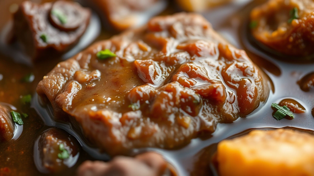 detail: Macro close-up of a perfectly cooked beef stew with a single piece of tender beef surrounded by vegetables in glossy brown sauce with visible herbs, shallow depth of field, warm natural light, no text, showing texture and richness