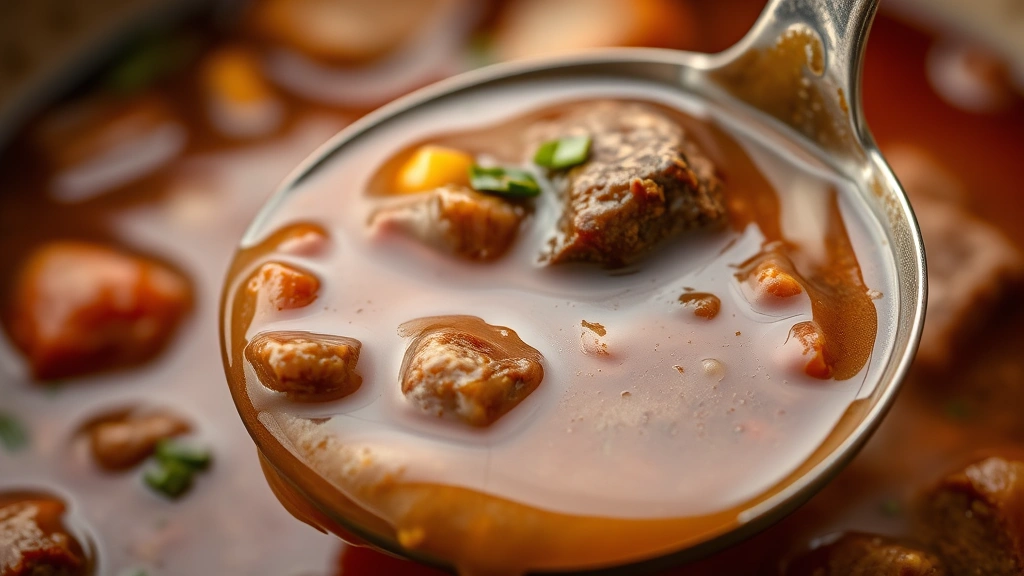 detail: close-up of beef stew ladle dripping rich glossy broth with visible beef and vegetables, shallow depth of field, warm natural lighting, no text