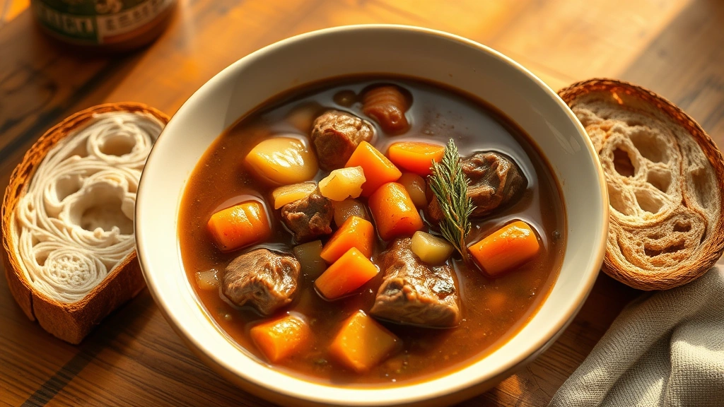hero: steaming bowl of beef stew with tender chunks of beef, carrots and potatoes in rich brown broth, crusty bread beside it, warm golden lighting, rustic wooden table, no text