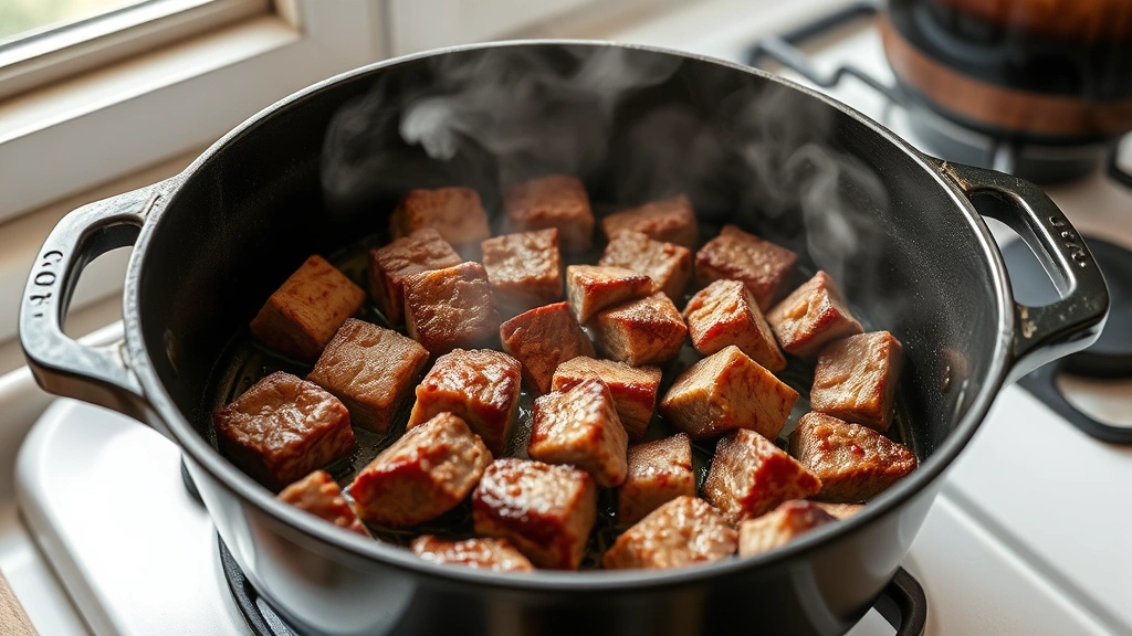 process: searing beef cubes in hot Dutch oven creating golden brown crust, steam rising, cast iron pot, stovetop kitchen setting, natural daylight from window, no text