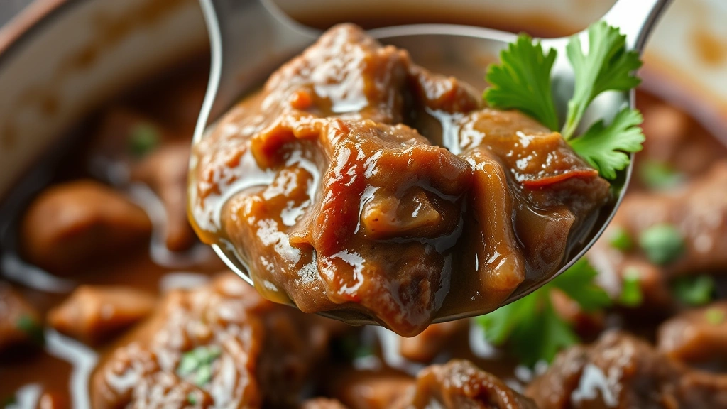 detail: close-up of spoon lifting tender beef from stew showing fall-apart texture, rich glossy broth clinging to meat, fresh parsley garnish, shallow depth of field, no text