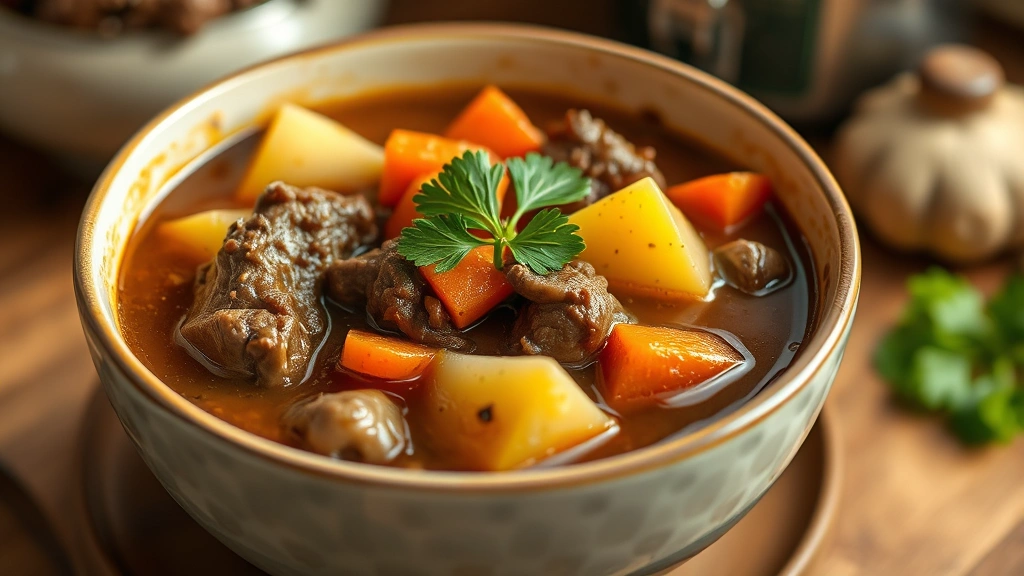 hero: steaming bowl of beef stew with tender chunks of beef, potatoes, carrots, and mushrooms in rich brown broth, garnished with fresh parsley, photorealistic, warm natural lighting, cozy kitchen setting, no text