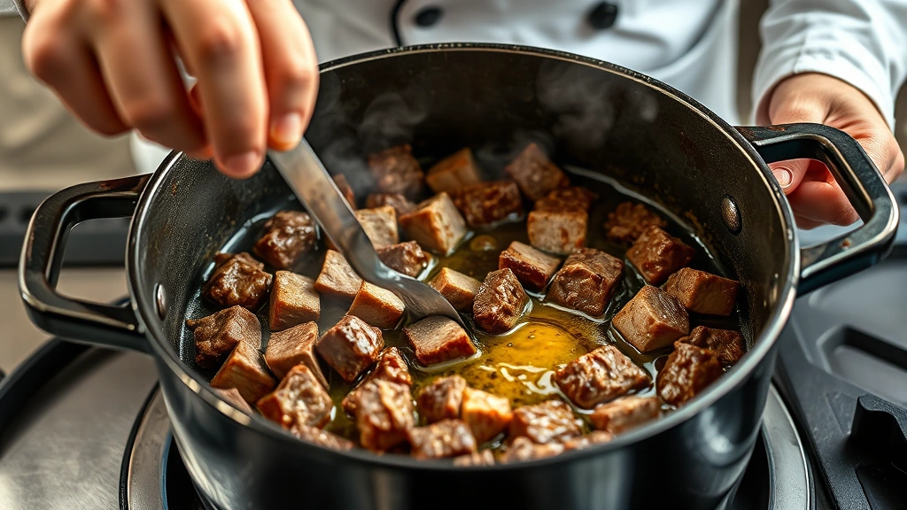 process: chef browning beef cubes in Dutch oven with oil, creating golden crust, steam rising from pot, photorealistic, natural kitchen lighting, no text