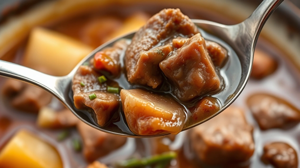 detail: close-up spoon lifting beef stew showing tender meat, vegetables, and glossy broth, photorealistic, warm natural light, shallow depth of field, no text
