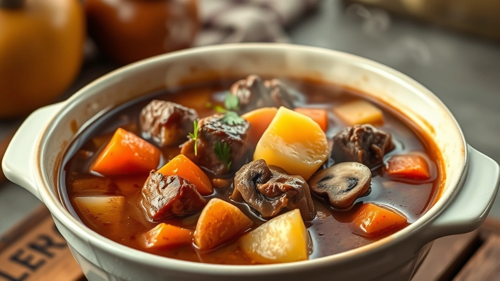 hero: steaming bowl of beef stew with tender chunks of beef, carrots, potatoes and mushrooms in rich brown broth, photorealistic, natural warm lighting, cozy kitchen setting, no text