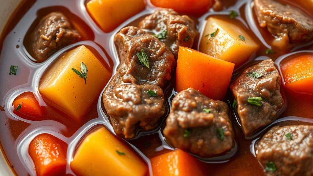 detail: close-up of tender beef stew showing perfectly cooked beef, carrots and potatoes with herbs floating on rich glossy broth, photorealistic, warm natural light, no text