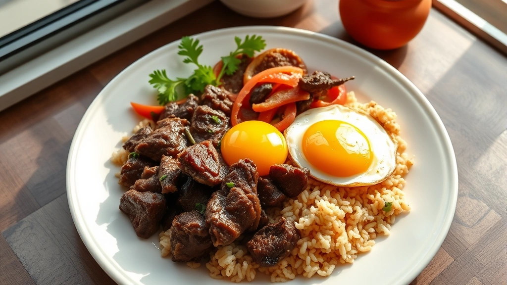 hero: plated beef tapa with garlic fried rice and fried egg on white ceramic plate, photorealistic, natural daylight from window, no text, overhead shot