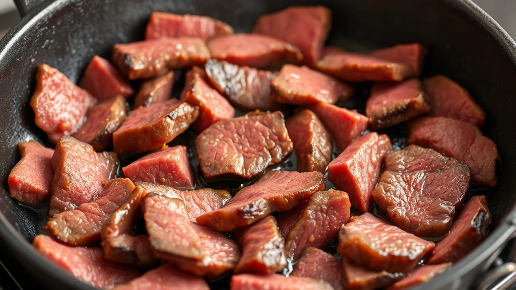 process: thin beef slices cooking in cast iron skillet with caramelized edges, photorealistic, natural kitchen light, no text, close action shot