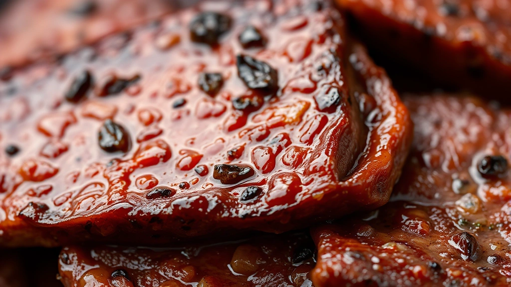 detail: close-up of glazed beef tapa slices showing caramelized crust and marinade coating, photorealistic, natural light, no text, macro photography