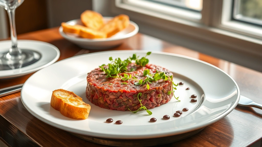 hero: elegant plated beef tartare with microgreens and toasted bread points, gourmet presentation, photorealistic, natural window light, luxury dinnerware, white plate, no text