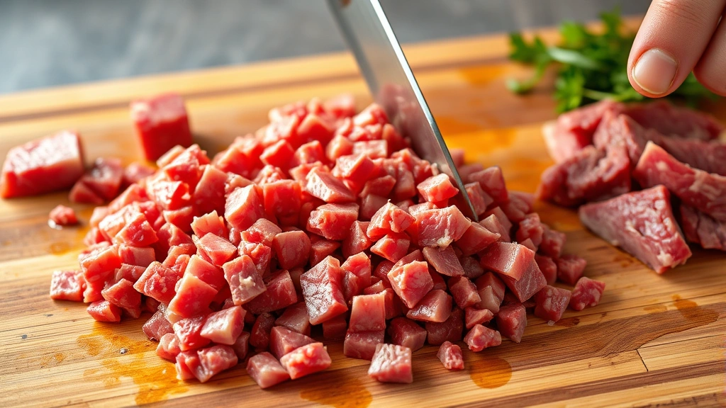 process: finely mincing fresh beef on wooden cutting board with sharp knife, raw meat preparation, photorealistic, bright natural light, food photography style, no text