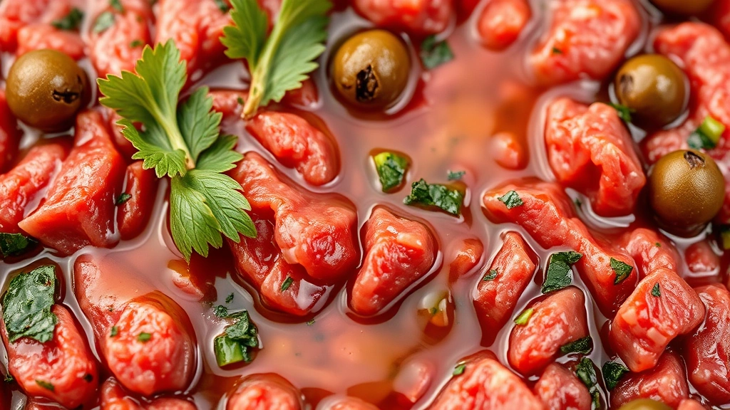 detail: close-up of beef tartare texture showing minced beef with capers, fresh herbs, and glossy olive oil coating, photorealistic, macro photography, natural lighting, no text