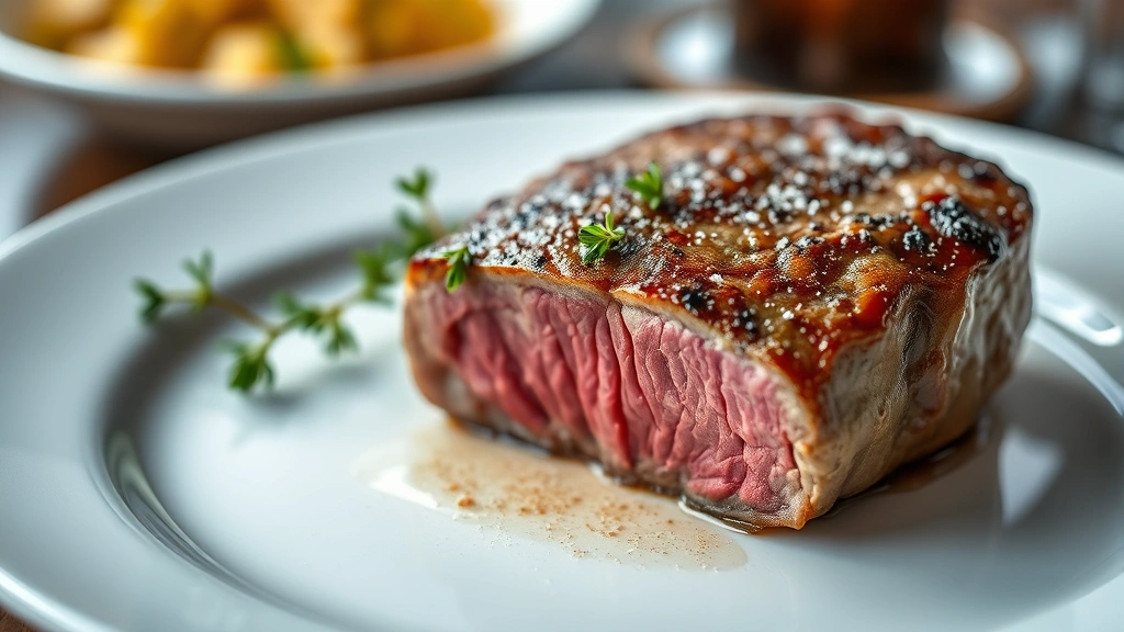 hero: perfectly cooked beef tenderloin steak with golden-brown crust, medium-rare center visible, garnished with fresh thyme and fleur de sel, resting on white plate, warm natural lighting, professional food photography