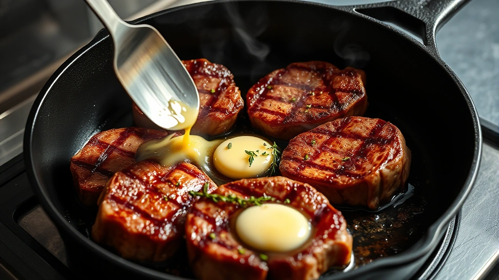 process: cast iron skillet with sizzling beef tenderloin steaks, golden crust forming, butter basting with garlic and thyme, restaurant kitchen style, dramatic lighting showing steam